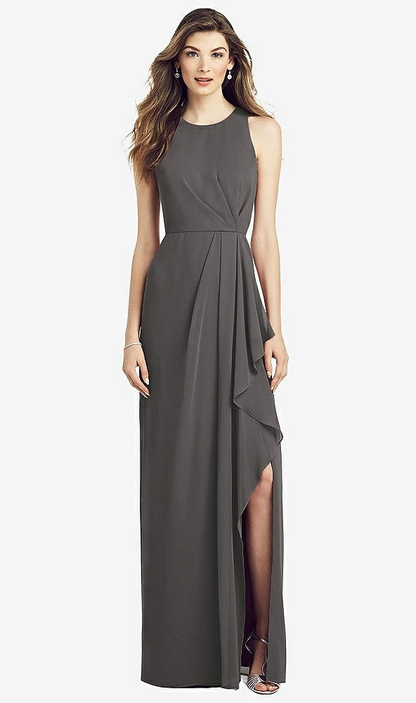 Front View - Caviar Gray Sleeveless Chiffon Dress with Draped Front Slit