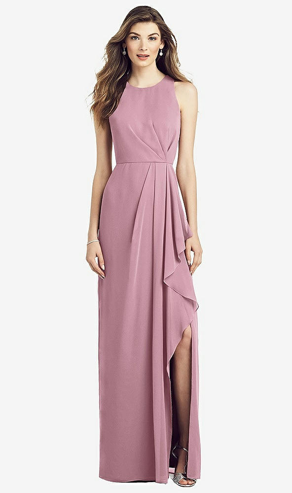 Front View - Dusty Pink Sleeveless Chiffon Dress with Draped Front Slit