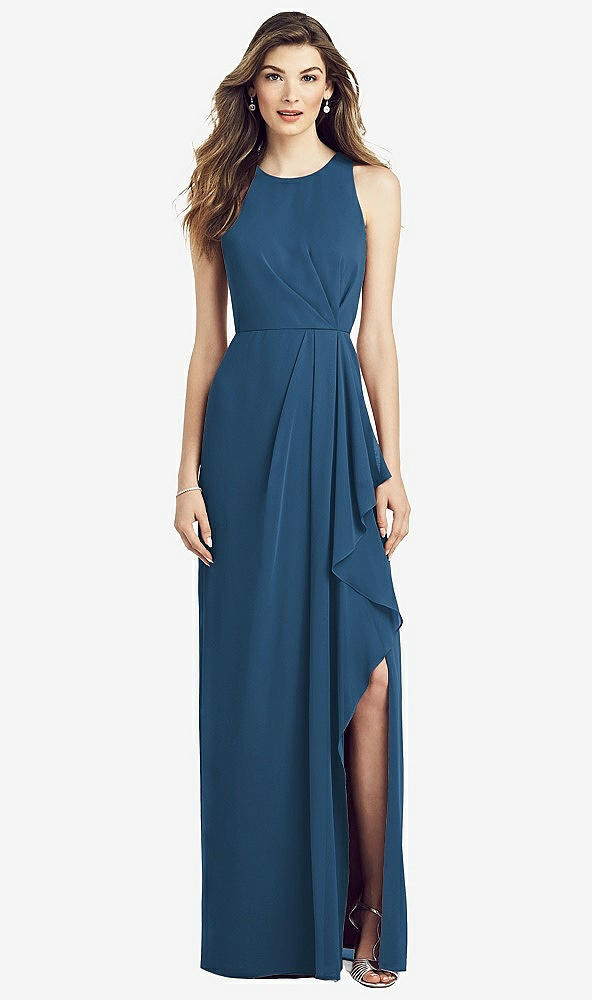 Front View - Dusk Blue Sleeveless Chiffon Dress with Draped Front Slit