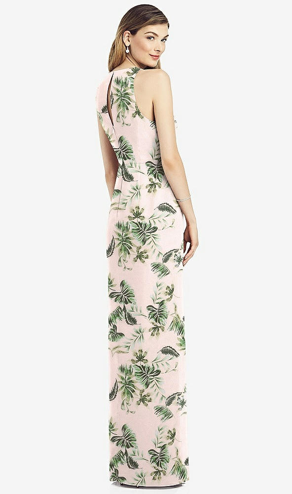 Back View - Palm Beach Print Sleeveless Chiffon Dress with Draped Front Slit