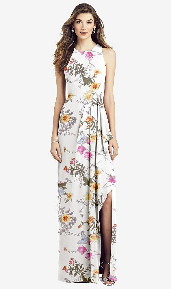 Front View - Butterfly Botanica Ivory Sleeveless Chiffon Dress with Draped Front Slit