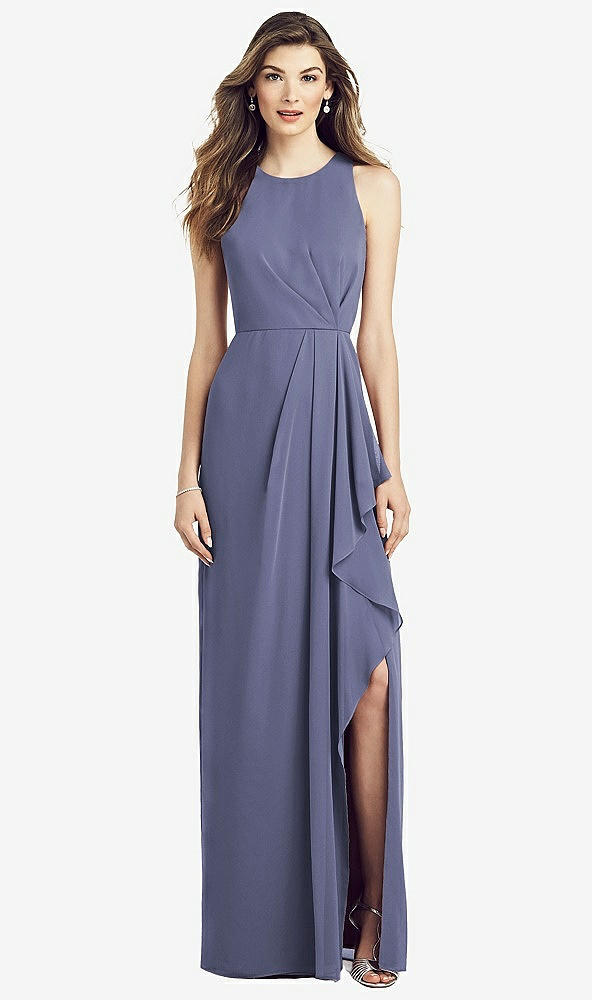 Front View - French Blue Sleeveless Chiffon Dress with Draped Front Slit