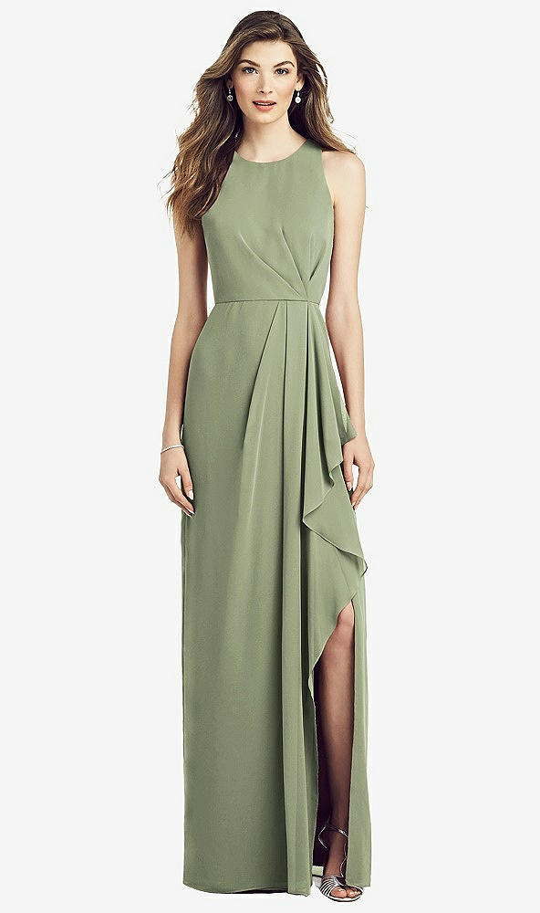 Front View - Sage Sleeveless Chiffon Dress with Draped Front Slit