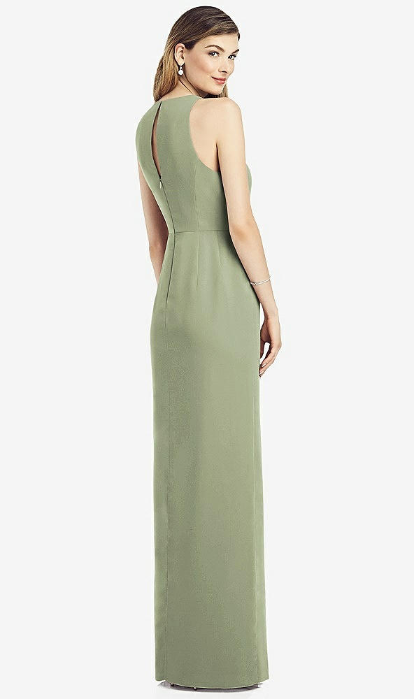 Back View - Sage Sleeveless Chiffon Dress with Draped Front Slit