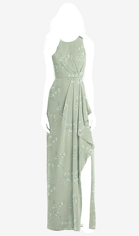 Front View - Vintage Primrose Sage Sleeveless Chiffon Dress with Draped Front Slit