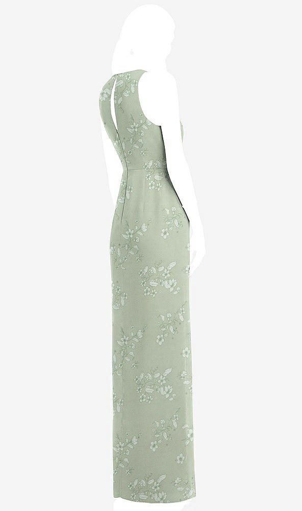 Back View - Vintage Primrose Sage Sleeveless Chiffon Dress with Draped Front Slit