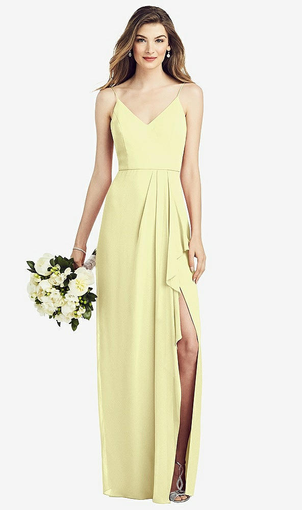 Front View - Butter Yellow Spaghetti Strap Draped Skirt Gown with Front Slit