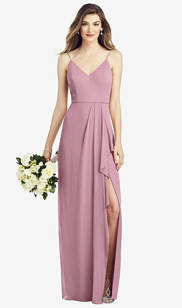 Front View - Dusty Pink Spaghetti Strap Draped Skirt Gown with Front Slit