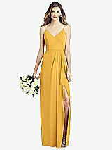 Front View Thumbnail - NYC Yellow Spaghetti Strap Draped Skirt Gown with Front Slit