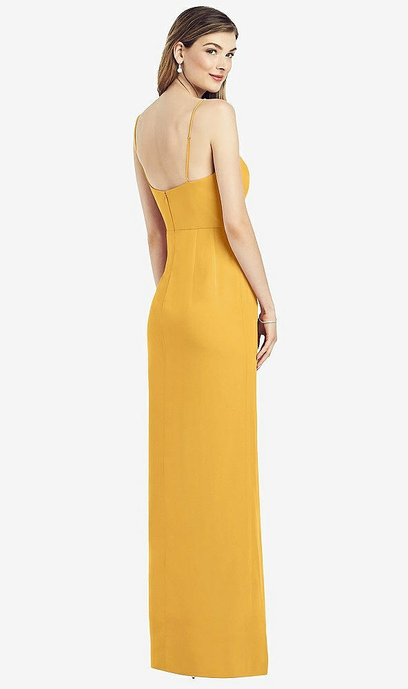 Back View - NYC Yellow Spaghetti Strap Draped Skirt Gown with Front Slit