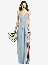 Front View Thumbnail - Mist Spaghetti Strap Draped Skirt Gown with Front Slit