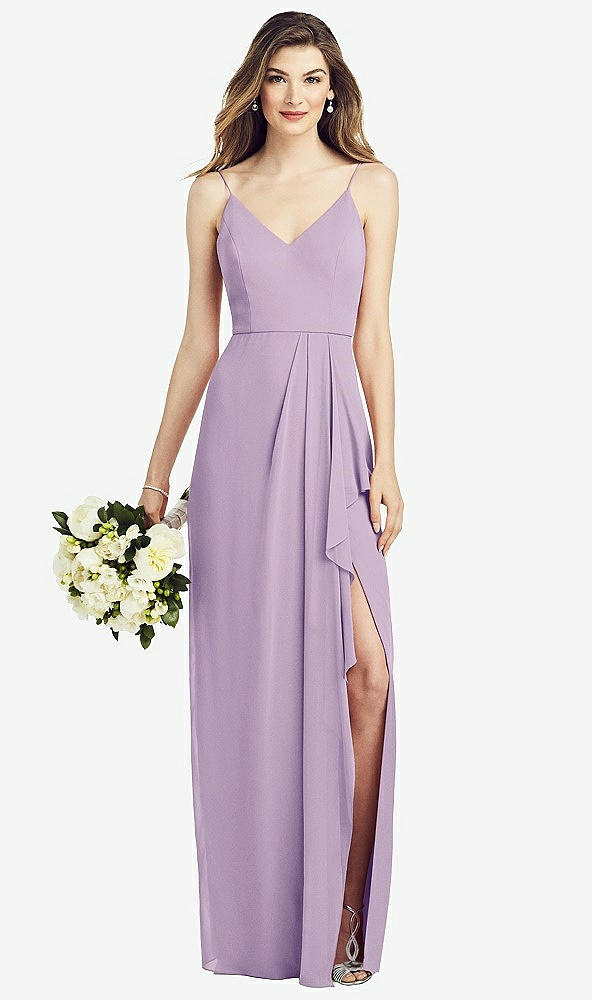 Front View - Pale Purple Spaghetti Strap Draped Skirt Gown with Front Slit