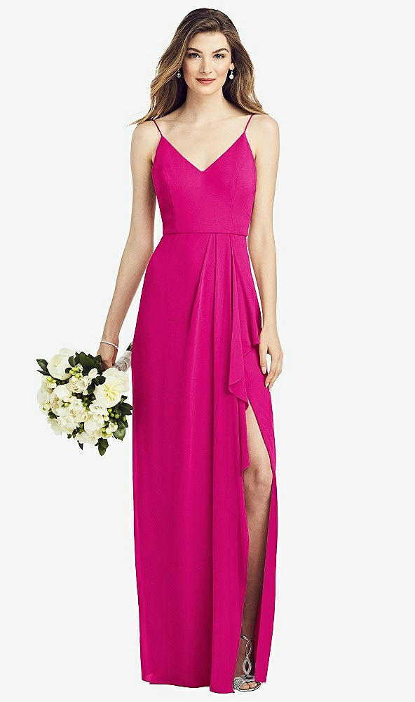 Front View - Think Pink Spaghetti Strap Draped Skirt Gown with Front Slit