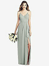 Front View Thumbnail - Willow Green Spaghetti Strap Draped Skirt Gown with Front Slit