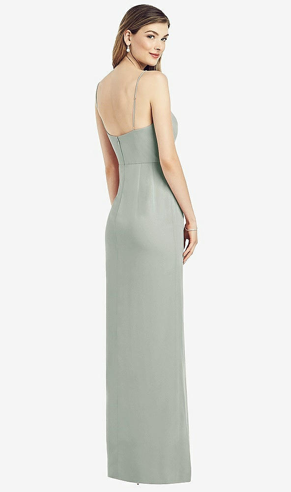 Back View - Willow Green Spaghetti Strap Draped Skirt Gown with Front Slit
