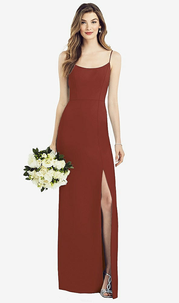 Front View - Auburn Moon Spaghetti Strap V-Back Crepe Gown with Front Slit