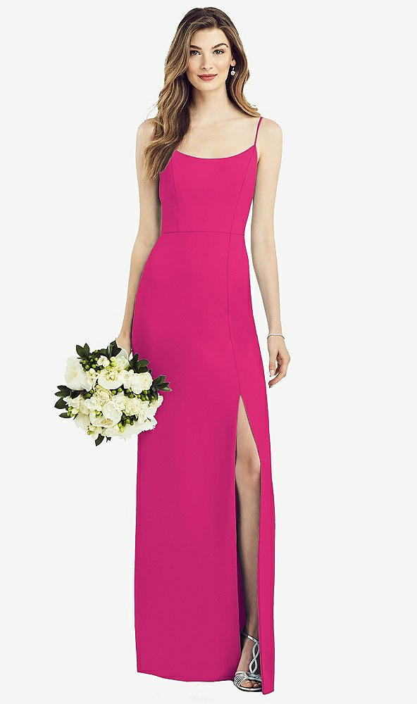 Front View - Think Pink Spaghetti Strap V-Back Crepe Gown with Front Slit