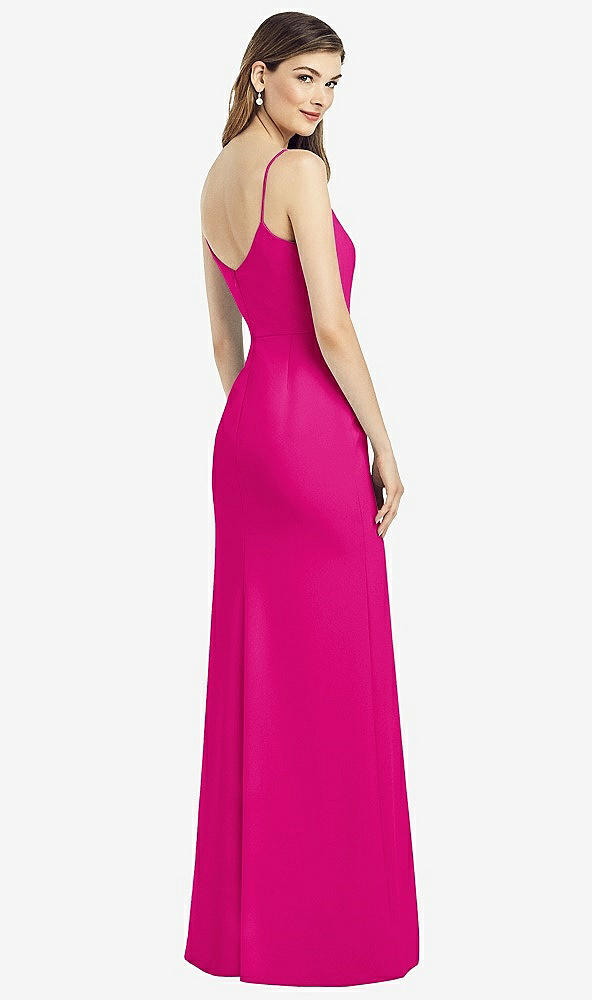 Back View - Think Pink Spaghetti Strap V-Back Crepe Gown with Front Slit