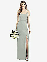 Front View Thumbnail - Willow Green Spaghetti Strap V-Back Crepe Gown with Front Slit