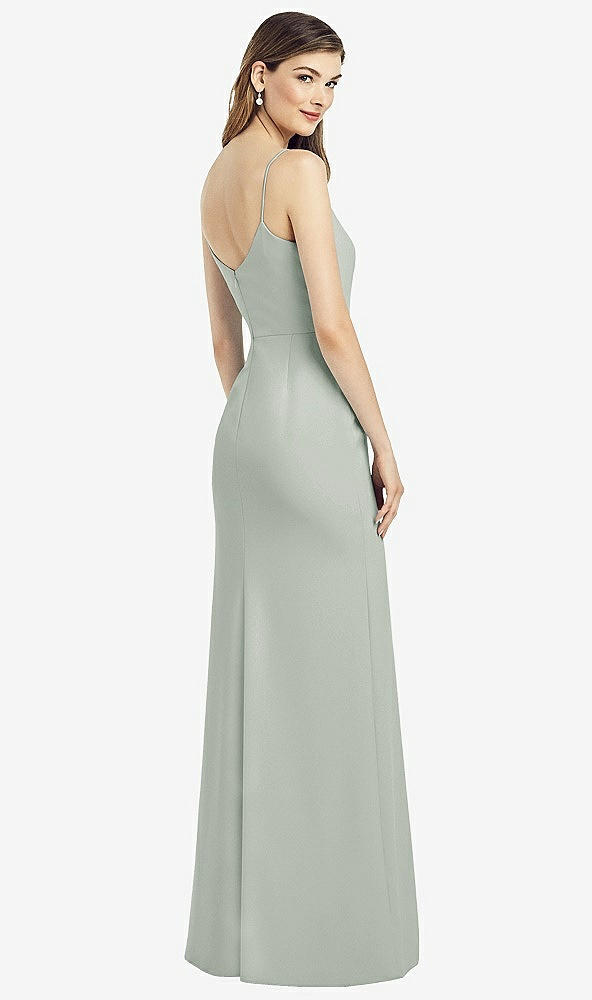 Back View - Willow Green Spaghetti Strap V-Back Crepe Gown with Front Slit