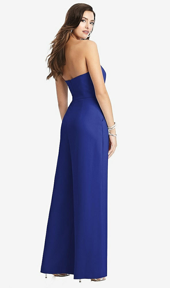 Back View - Cobalt Blue Strapless Notch Crepe Jumpsuit with Pockets