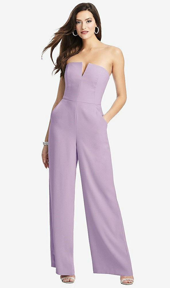 Front View - Pale Purple Strapless Notch Crepe Jumpsuit with Pockets