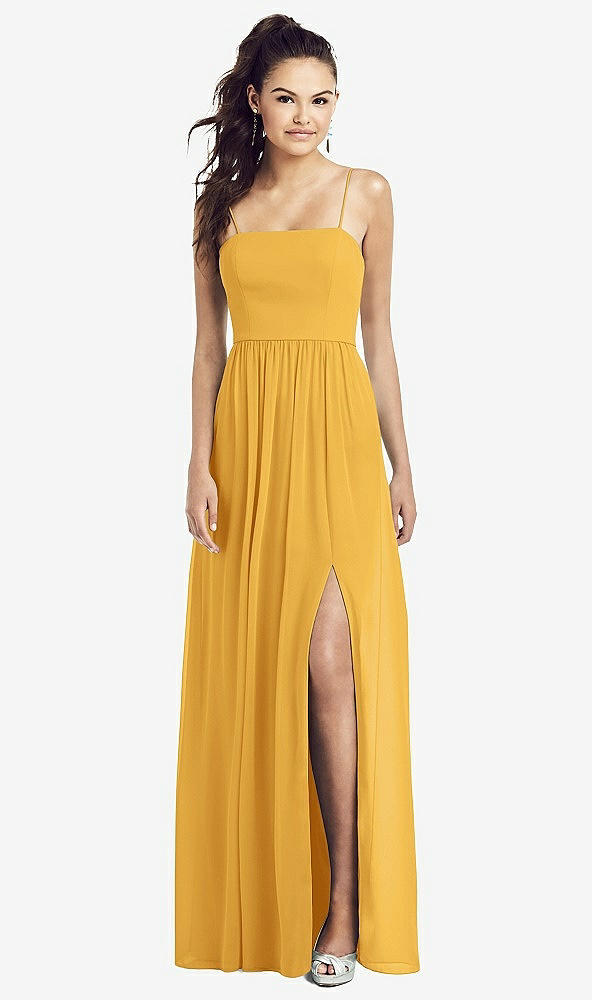 Front View - NYC Yellow Slim Spaghetti Strap Chiffon Dress with Front Slit 