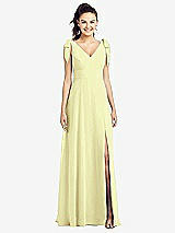 Front View Thumbnail - Butter Yellow Bow-Shoulder V-Back Chiffon Gown with Front Slit