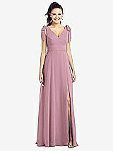 Front View Thumbnail - Dusty Pink Bow-Shoulder V-Back Chiffon Gown with Front Slit