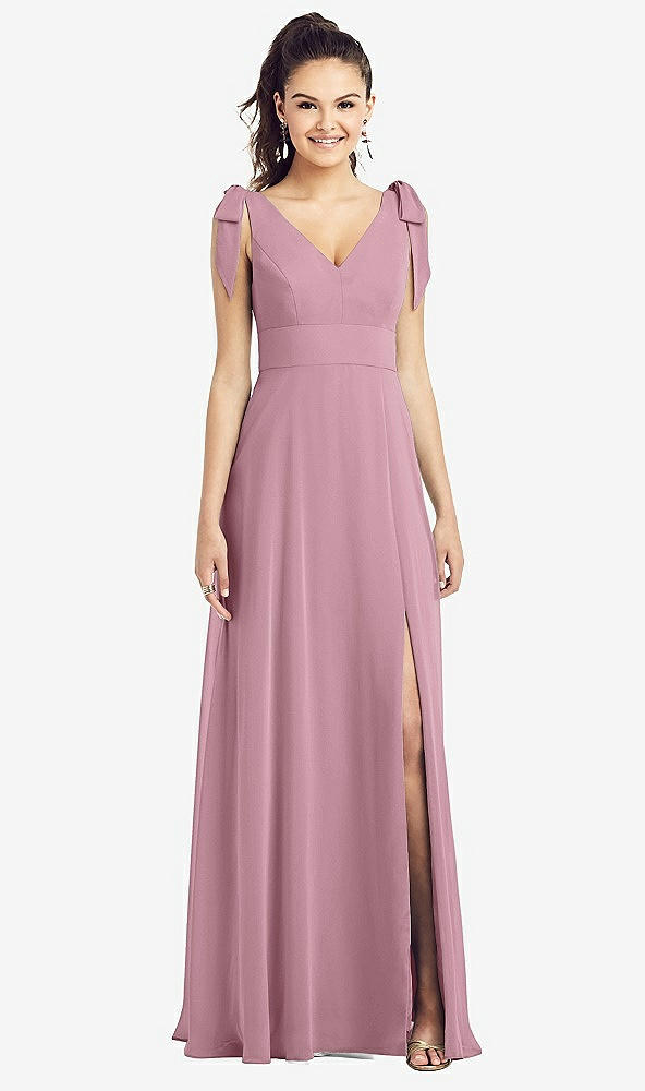 Front View - Dusty Pink Bow-Shoulder V-Back Chiffon Gown with Front Slit