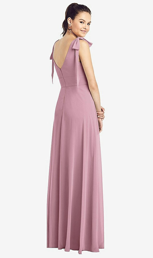 Back View - Dusty Pink Bow-Shoulder V-Back Chiffon Gown with Front Slit