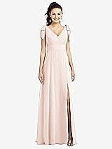 Front View Thumbnail - Blush Bow-Shoulder V-Back Chiffon Gown with Front Slit