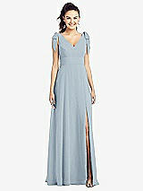 Front View Thumbnail - Mist Bow-Shoulder V-Back Chiffon Gown with Front Slit