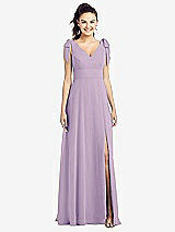 Front View Thumbnail - Pale Purple Bow-Shoulder V-Back Chiffon Gown with Front Slit