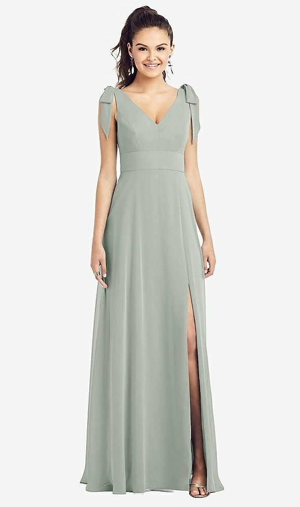 Front View - Willow Green Bow-Shoulder V-Back Chiffon Gown with Front Slit