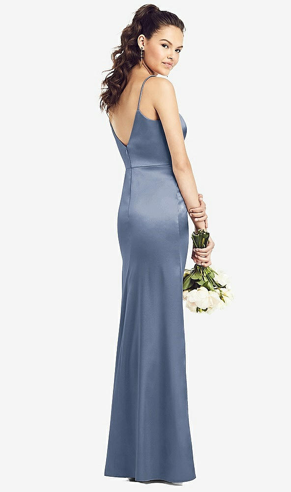 Back View - Larkspur Blue Slim Spaghetti Strap V-Back Trumpet Gown