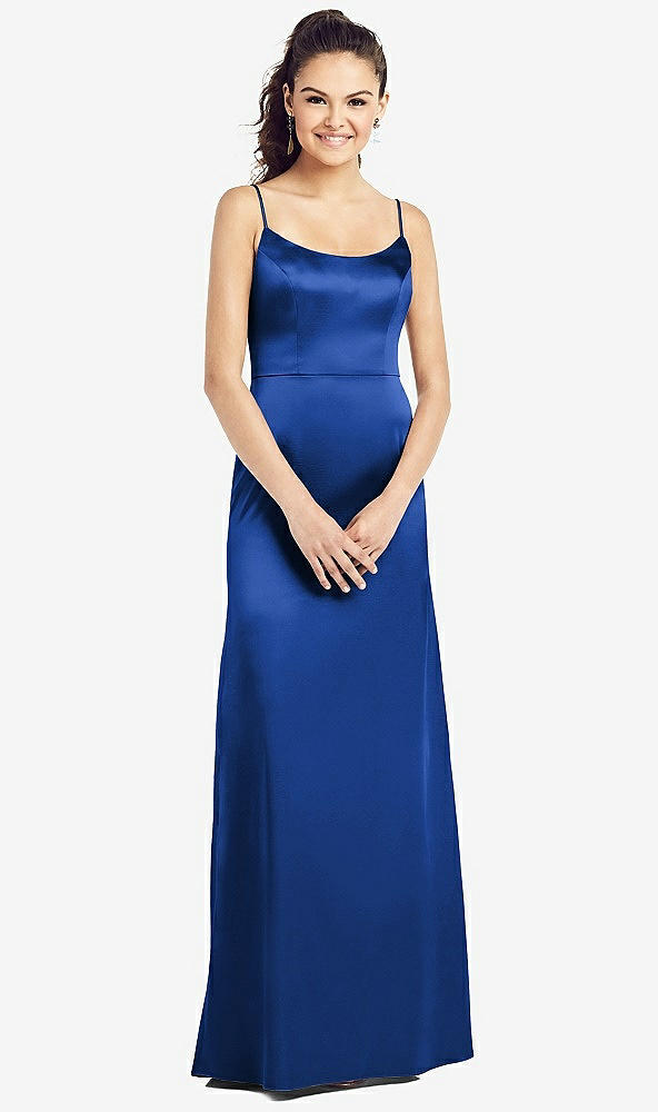 Front View - Sapphire Slim Spaghetti Strap V-Back Trumpet Gown