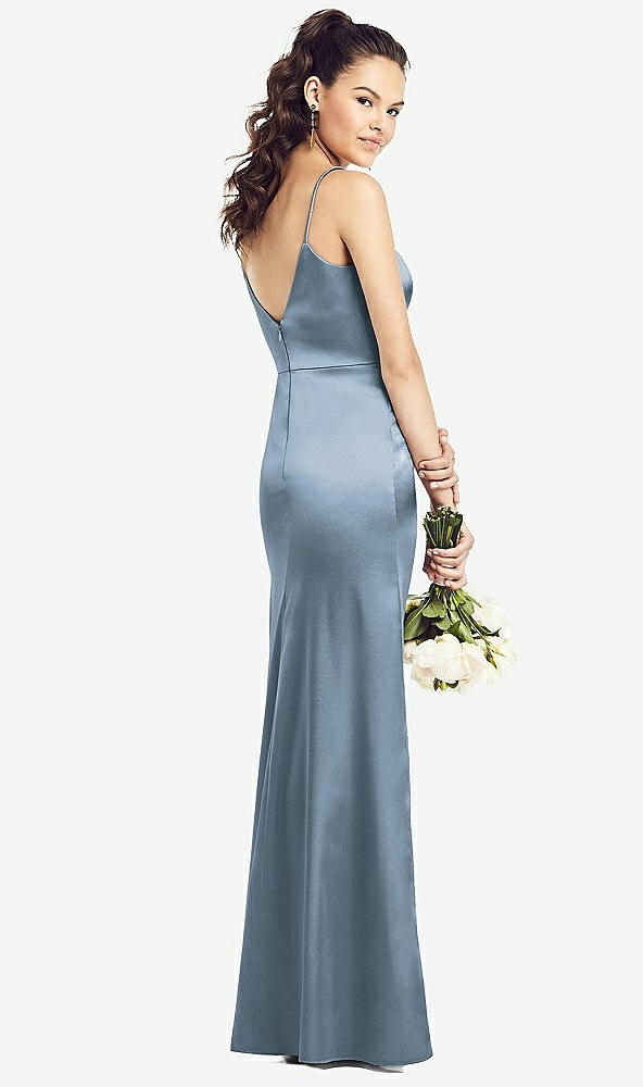 Back View - Slate Slim Spaghetti Strap V-Back Trumpet Gown