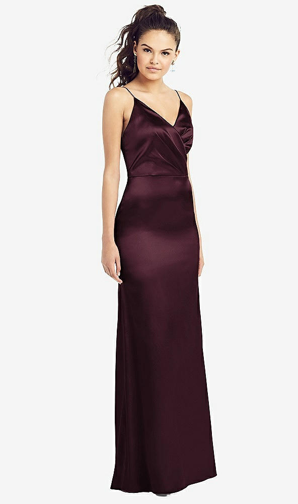 Front View - Bordeaux Slim Spaghetti Strap Wrap Bodice Trumpet Gown