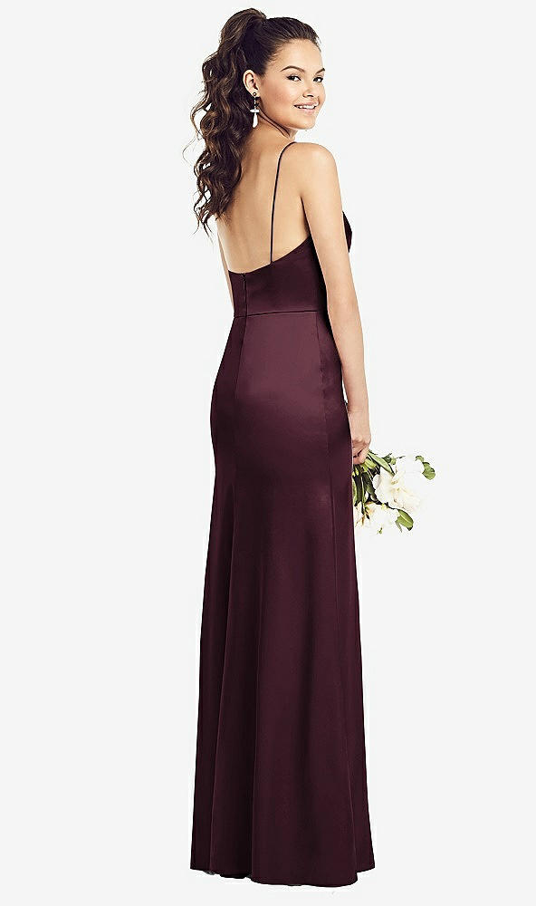 Back View - Bordeaux Slim Spaghetti Strap Wrap Bodice Trumpet Gown