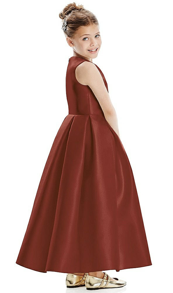 Back View - Auburn Moon Faux Wrap Pleated Skirt Satin Twill Flower Girl Dress with Bow