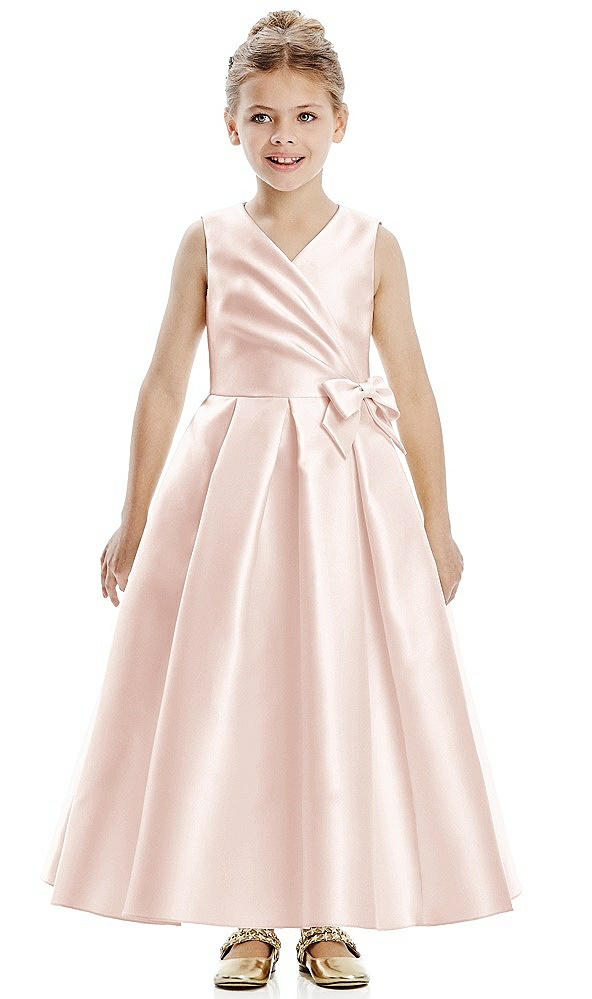 Front View - Blush Faux Wrap Pleated Skirt Satin Twill Flower Girl Dress with Bow
