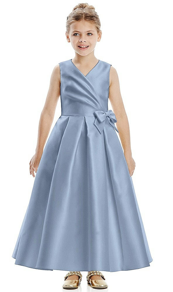 Front View - Cloudy Faux Wrap Pleated Skirt Satin Twill Flower Girl Dress with Bow