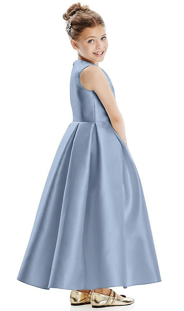 Back View - Cloudy Faux Wrap Pleated Skirt Satin Twill Flower Girl Dress with Bow