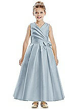 Front View Thumbnail - Mist Faux Wrap Pleated Skirt Satin Twill Flower Girl Dress with Bow