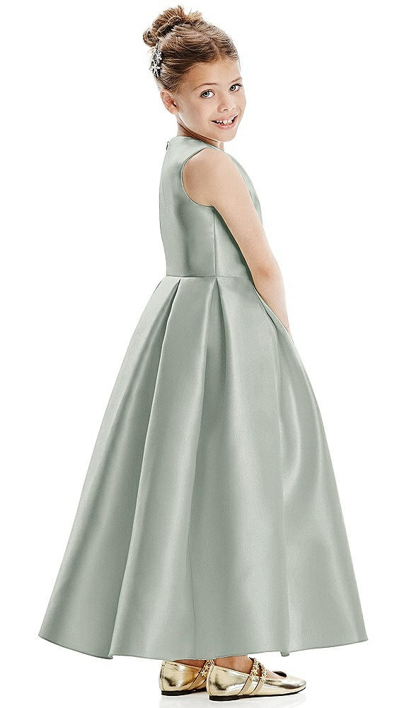 Back View - Willow Green Faux Wrap Pleated Skirt Satin Twill Flower Girl Dress with Bow