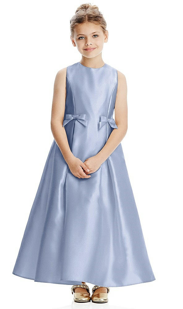 Front View - Sky Blue Princess Line Satin Twill Flower Girl Dress with Bows