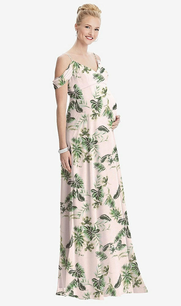 Front View - Palm Beach Print Draped Cold-Shoulder Chiffon Maternity Dress