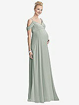 Front View Thumbnail - Willow Green Draped Cold-Shoulder Chiffon Maternity Dress