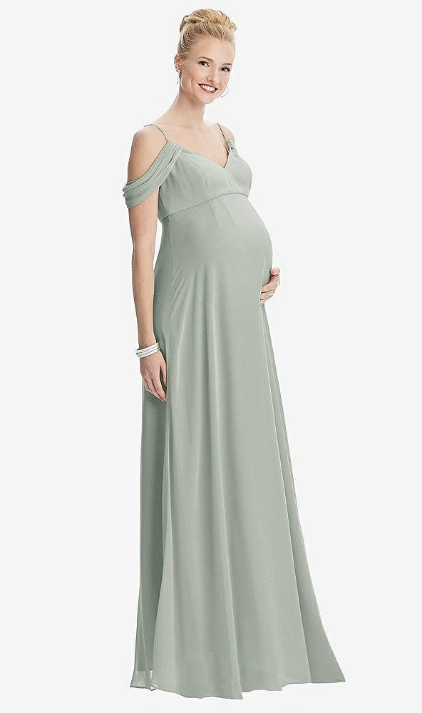 Front View - Willow Green Draped Cold-Shoulder Chiffon Maternity Dress